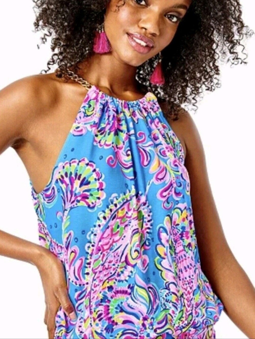 Lilly Pulitzer Bowen Halter Top Size M Chain Straps Mermaid Grotto Coastal